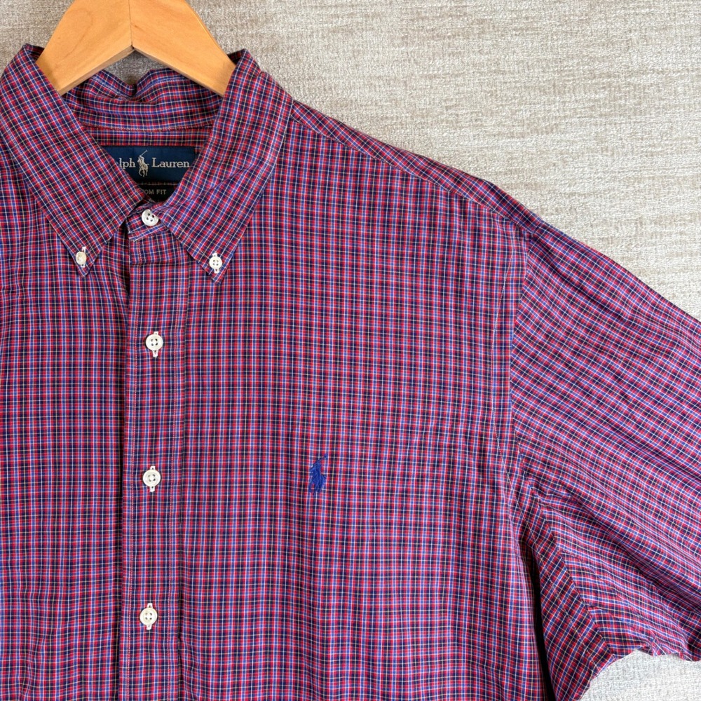 Ralph Lauren Custom Fit Mens XXL Red Blue Plaid Long Sleeve Shirt EUC Americana